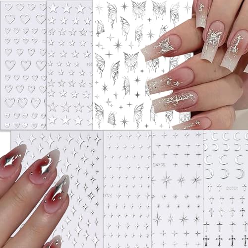 7 Sheets Metallic Silver Nail Stickers – 3D Star & Butterfly Designs