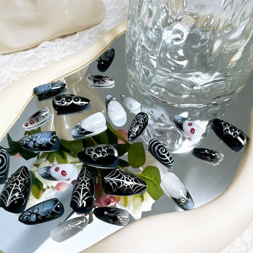 24pcs Halloween Almond Press On Nails with Spider Designs