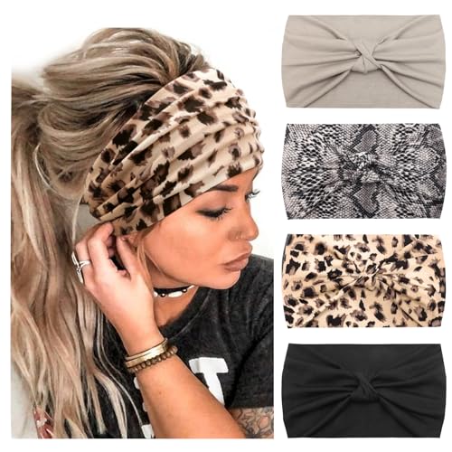 DRESHOW 4 Pack Vintage Turban Headbands for Women - Taupe, Snake, Leopard, Black