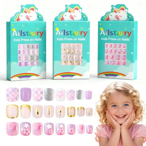Allstarry Kids Press-On Nails Star Moon Tale - 3 Pack Pre-Glued Fake Nails for Girls