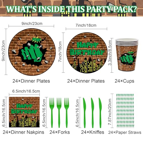 Green Hero Party Supplies Set for 24 Guests - 168PCS Birthday Decorations