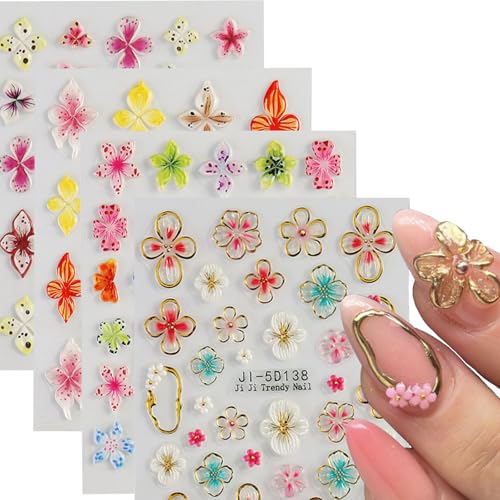MIXFOSAHN 3D Flower Style Nail Stickers Self-Adhesive Colorful Floral Art Set - 4 Sheets