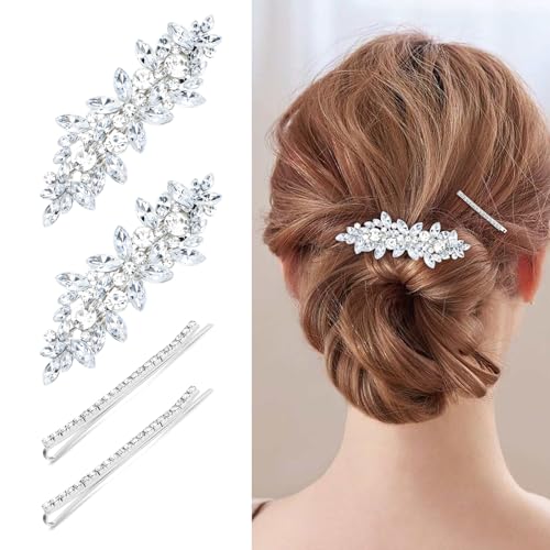 WHAVEL 4Pcs Silver Rhinestone Hair Clips & Bobby Pins Set B - Bridal Wedding Prom