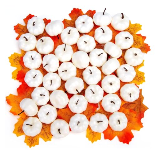 40 PCS White Mini Pumpkins with Maple Leaves for Fall Decor