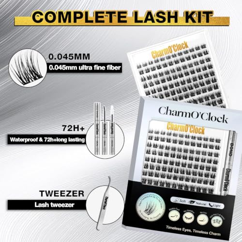 CHARMO'CLOCK Lash Clusters Kit: 168 DIY Eyelash Extensions Set with Bond & Seal