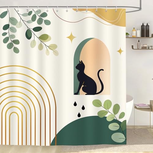 Dazzlewall Boho Black Cat Shower Curtain - 72x72 in, Water-Resistant