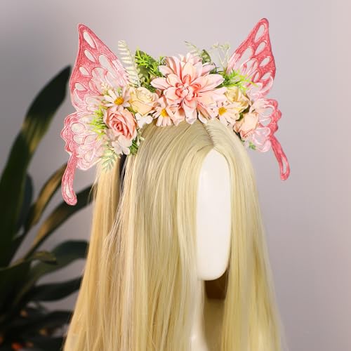 Pink Butterfly Fairy Headband with Wings - Floral Crown for Cosplay