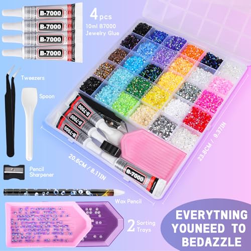 Jelly AB Rhinestones Kit - 36,000 Pcs, 28 Colors, 3mm Flatback Bedazzling Stones with Jewelry Glue & Tools