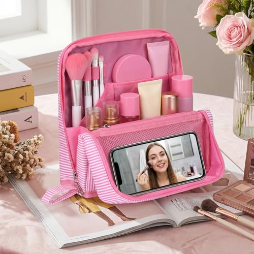Pink Striped Standup Travel Makeup Bag Folding Cosmetic Pouch – SilTriangle, variant Pink