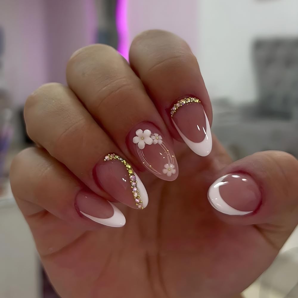 30Pcs White French Tip Press on Nails Medium Almond 3D Flower Fake Nails with Gold Rhinestone Designs Summer Pink False Nails Handmade Stick on Nails Artificial Nails Spring Glue on Nails for Women