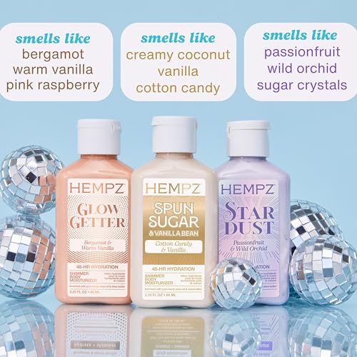 Hempz Mini Shimmer Lotion Set, Gold, Silver and Rose Gold Moisturizer, Glimmer Goddess Radiant Skin Travel Kit, 3 pack, TSA Approved, 2.25 oz