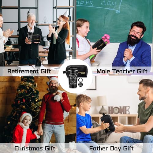 Thank You Gift Set for Men 17 oz Tumbler with Lid + Leather Toiletry Bag, Obsidian Style + Inspirational Keychain (Roshtia)