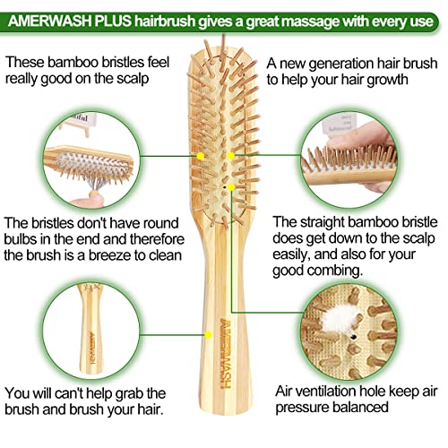 AMERWASH PLUS Bamboo Hair Brush with Cleaning Tool Set, Small Paddle Detangling Brush for Women & Men, Helps Hair Growth & Shine