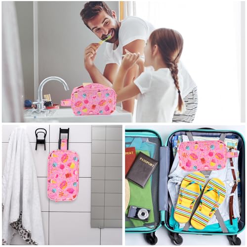 Foxstory Kids Toiletry Bag for Girls Candy Pink Travel Waterproof Hanging Cosmetic Bag for Toddlers