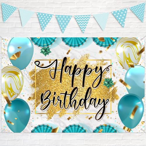 Teal & Gold Happy Birthday Backdrop Banner - 5.9x3.9FT Party Decor