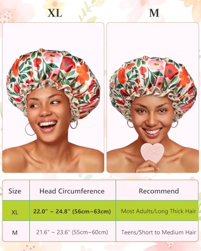 mikimini Reusable Waterproof Shower Cap for Women - Medium, Floral, Pack of 2, Spring Design