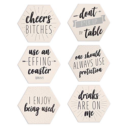 LotFancy Funny Hexagon Drink Coasters Set with Holder - 6PCS Ceramic