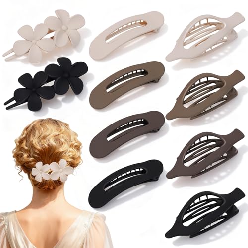10-Pack Flat Hair Clips for Women - Matte Claw & Flower Hairpins Set