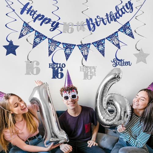 16th Birthday Decorations Kit - Blue Silver Banners & Swirls