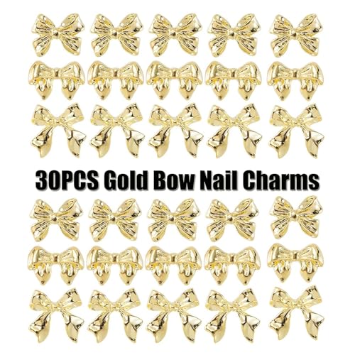 Gold Bow Nail Charms 30Pcs Kawaii 3D Alloy Nail Art Decorations for Women Girls