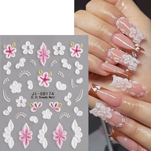 5D Embossed Flower Nail Stickers - Pink & White Floral Decals