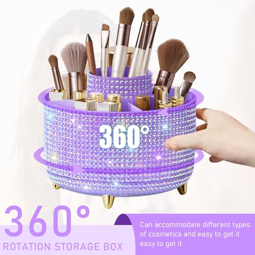 Diesisa 360° Rotating Bling Makeup Organizer - 5-Slot Diamond Purple Holder