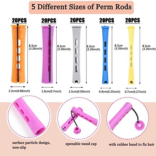 100pcs Perm Rods Set - Cold Wave Rollers in 5 Sizes (Orange, Purple, Gray, Blue, Yellow)