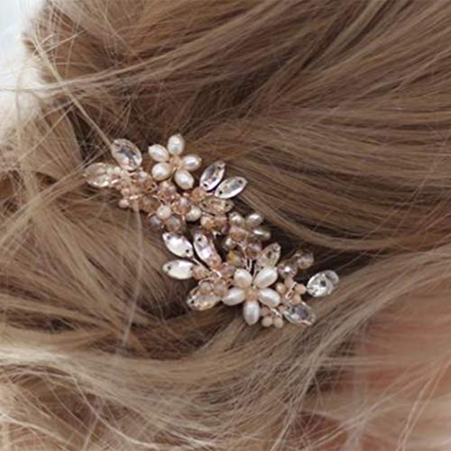 Unicra Bridal Flower Hair Pins - Rose Gold Crystal & Pearl Wedding Clips (2)