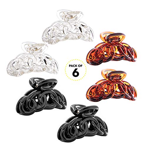 RC ROCHE 6 Pack Medium Black, Brown & Clear Hair Claw Clips for Strong Hold Women