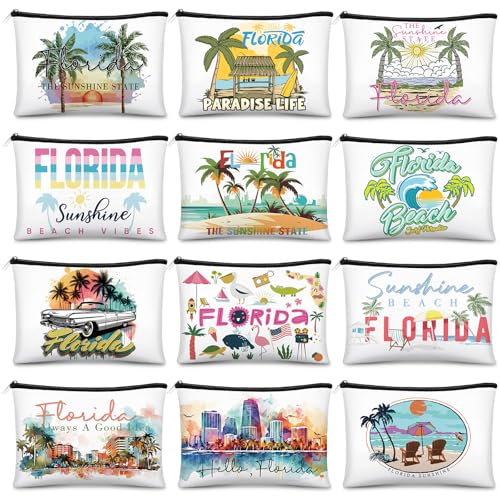 Florida Themed Canvas Makeup Bags - 12 Pack Zippered Cosmetic Pouches