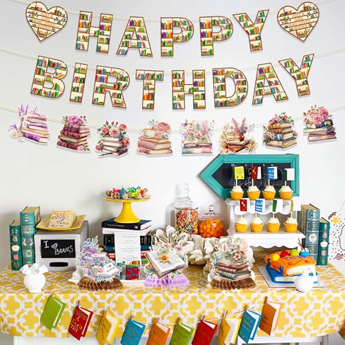 Book Themed Birthday Party Decorations with Honeycomb Centerpieces