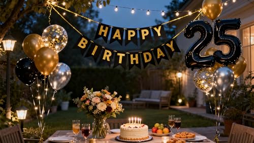 25th Birthday Decorations Set for Men - Black, Gold & Silver Balloons
