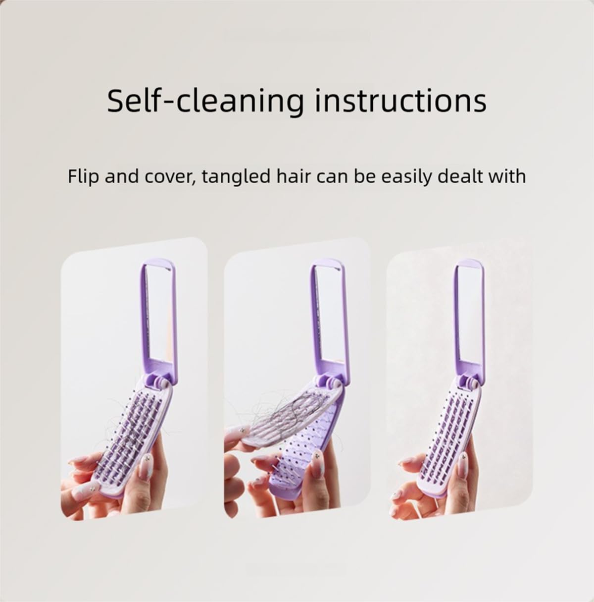 Folding Hair Brush with Mirror, Self Cleaning Hairbrush, Mini Compact Hair Brush for Purse, Small Pocket Travel Brush for Women and Girls