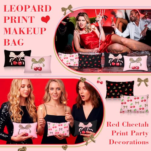 12 Pcs Cherry Bow Makeup Bag Set - Canvas Leopard Cosmetic Pouch 9x6 Inches