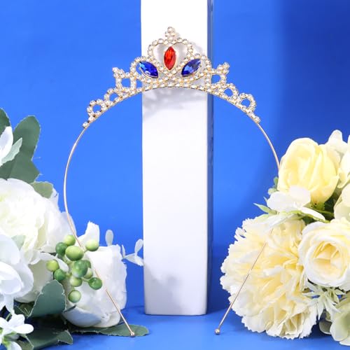 KICOSY Gold Red & Blue Crystal Tiara Headband - Regal Rhinestone Crown for Cosplay & Formal Events