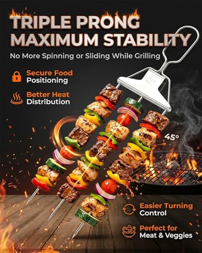 3-Prong Stainless Steel BBQ Skewers - 14 Inch Heavy Duty Grilling Set (2PCS)
