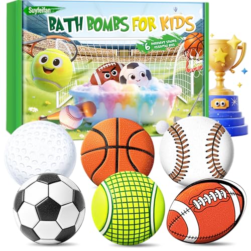 Suyfeifan 6-Pack Sports Themed Bath Bombs for Kids, Organic SPA Gift Set