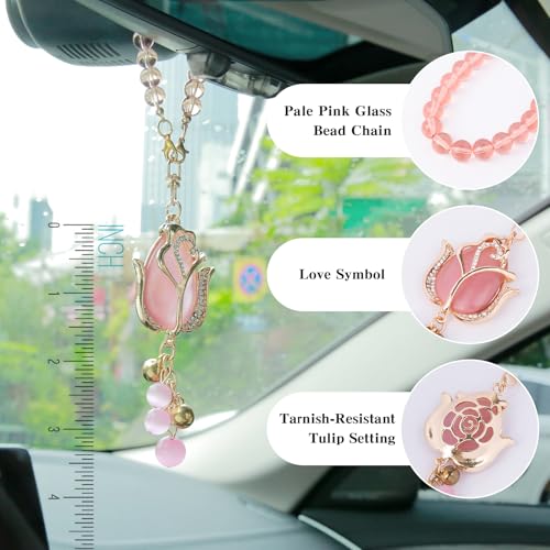 Pink Tulip Car Mirror Charm - 9-Inch Cat's Eye Stone Ornament