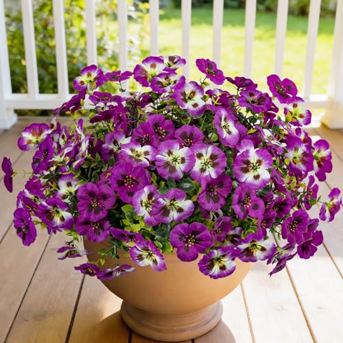 12 Bundles of UV Resistant Artificial Pansy Flowers - Light Purple & Red