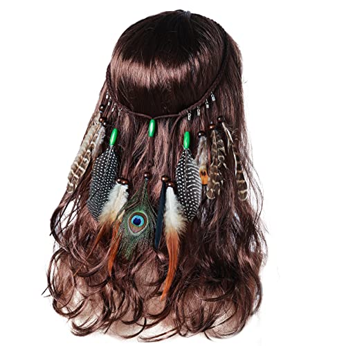 Obmwang Indian Feather Headband – Boho Festival Head Dress with Feathers for Women & Girls