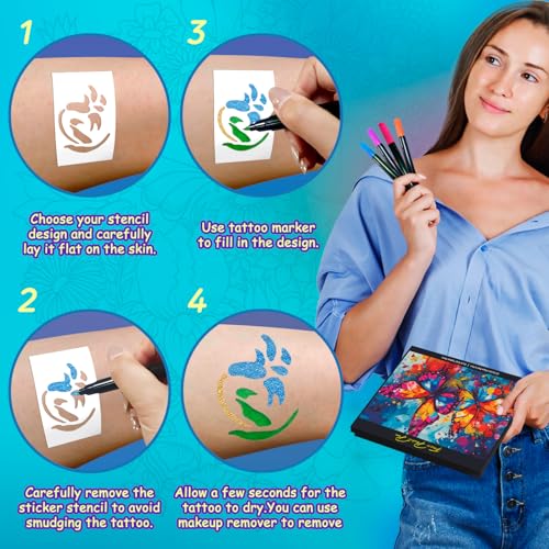 CORALMEE 16Pcs Dual-Tip Temporary Tattoo Markers Kit with 43 Stencils & 50 Stickers