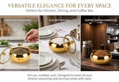 15oz Stainless Steel Sugar Bowl with Glass Lid & Spoon - Gold