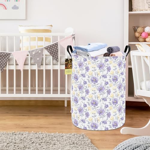 Collapsible Round Storage Basket with Handles - Purple Flower