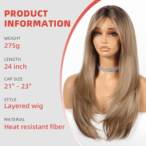 Allbell 24-Inch Ombre Light Brown Long Straight Layered Synthetic Wig
