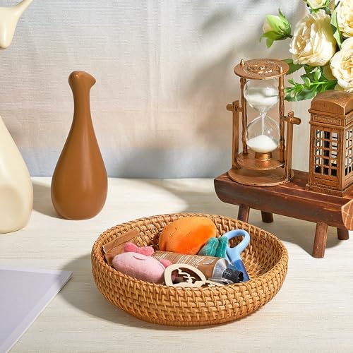 Hushee Small Round Woven Basket for Entryway Table - 7 Inch Rattan Key Bowl