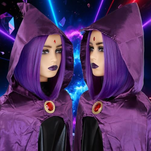 Dark Purple Bob Wig with Ruby Sticker for Women's Cosplay