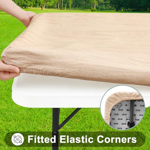 Smiry Waterproof Elastic Fitted Tablecloth for 4FT Tables - Beige Wood
