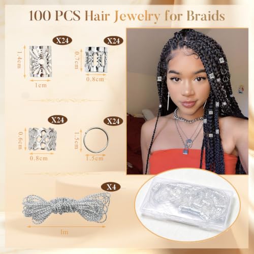 WacanDan Silver 100 Pcs Hair Jewelry Set for Braids & Locs - Adjustable Styles