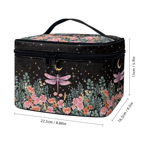 Dragonfly Floral Moon Makeup Bag - Large Capacity Travel Cosmetic Case
