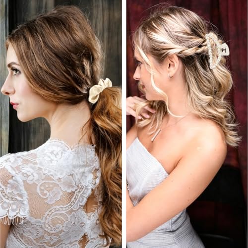 Bridesmaid Proposal Gift Set - Satin Hair Scrunchies & Pearl Claw Clips, 12 Pieces